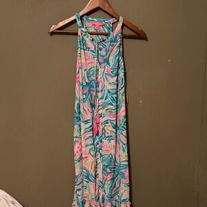 Lilly Pulitzer Pink and Blue xxs Maxie dress buttons on front tie and ruffle a1